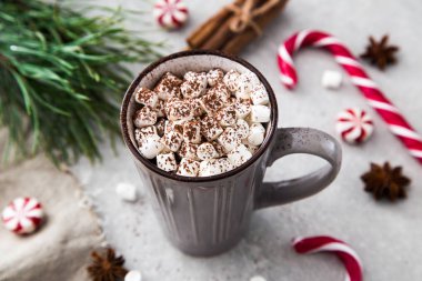 Kakao hatmi ve Noel dekorasyonu ile. Taş bir arka plan üzerinde