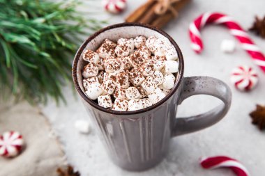 Kakao hatmi ve Noel dekorasyonu ile. Taş bir arka plan üzerinde