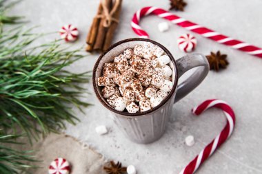 Kakao hatmi ve Noel dekorasyonu ile. Taş bir arka plan üzerinde