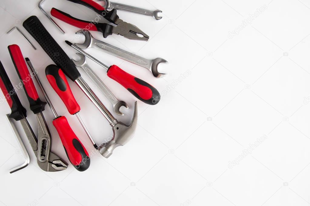 various and many tools on white background