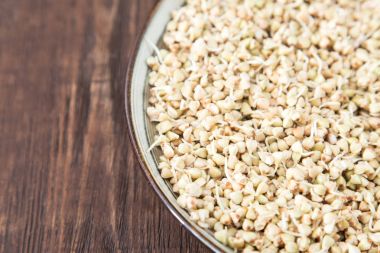 Taze yeşil buğday filizi kaşık Closeup içinde. 