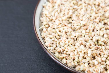 Taze yeşil buğday filizi kaşık Closeup içinde. 