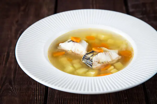 Sopa de pescado fresco con lucio y verduras en un plato blanco — Foto de Stock