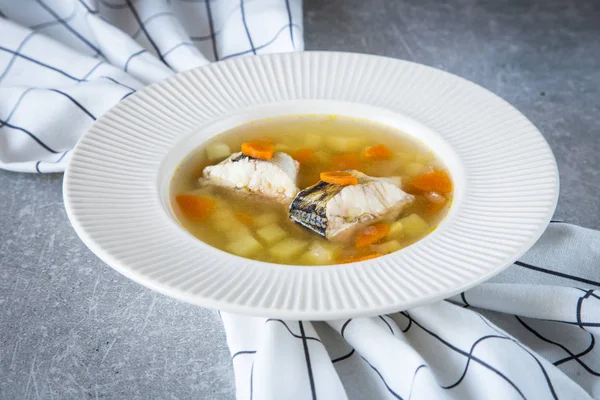 Sopa de pescado fresco con lucio y verduras en un plato blanco — Foto de Stock