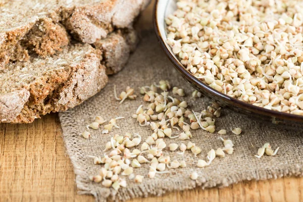 Taze yeşil buğday filizi kaşık Closeup içinde. Organik çiğ sağlıklı Vegan diyet.  