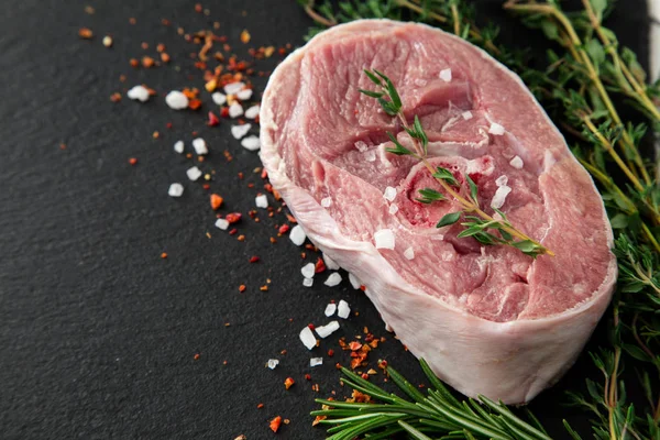 Steak raw Turkey meat with herbs and spices on slate Board — Stock Photo, Image