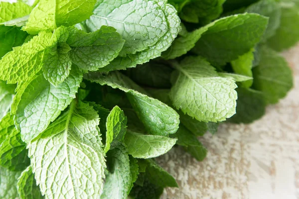 Mint. Bunch of Fresh green organic mint leaf on wooden table clo