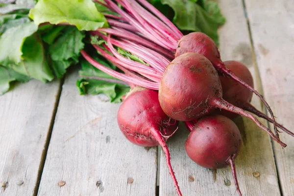 Rustik arka plan üzerinde kırmızı pancar ile yaylı yeşil yaprakları. 