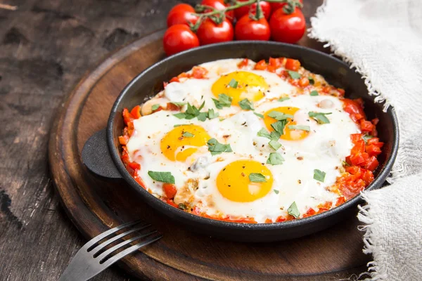 Смачного й корисного Shakshuka Сковорода до персональної мережі Яєчня з Томом — стокове фото