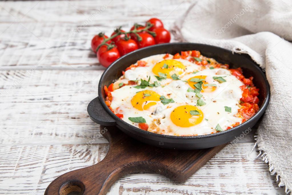 Tasty and Healthy Shakshuka in a Frying Pan. 