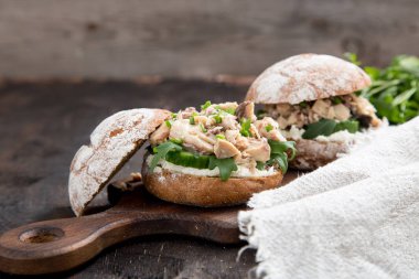 Ton balığı, otlar, salatalık, peynir, soğan ile gıda burger