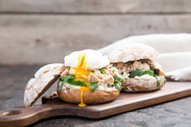 Ton balığı, otlar, salatalık, peynir, soğan ile gıda burger