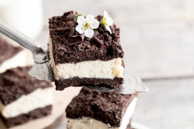 Çikolata kırıntılı Royal Cheesecake. Ev yapımı süzme peynir ve çikolata hamuru.