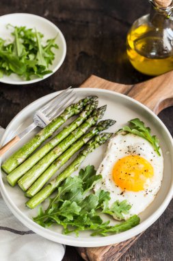 Kuşkonmaz, sahanda yumurta ve roka ile sağlıklı ev yapımı kahvaltı. Sağlıklı beslenme konseptini karantinaya alın. keto diyeti