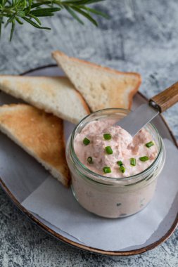 Somon ve krem peyniri kavanoza serpiştirilmiş. Somon ezmesi, krema, ezme ve tostlar gri arka planda.