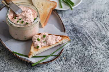 Somon ve krem peyniri kavanoza serpiştirilmiş. Somon ezmesi, krema, ezme ve tostlar gri arka planda.