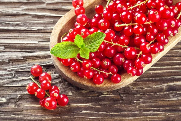 Rustik bir arka plan üzerinde ahşap bir tabak içinde olgunlaşmış redcurrants.