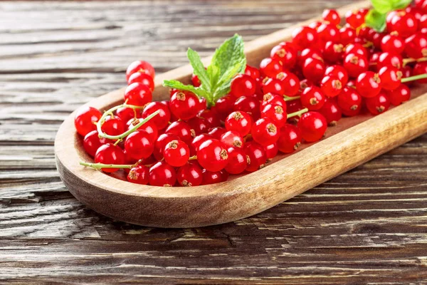 Ahşap ahşap arka plan tabağa olgun redcurrants. 