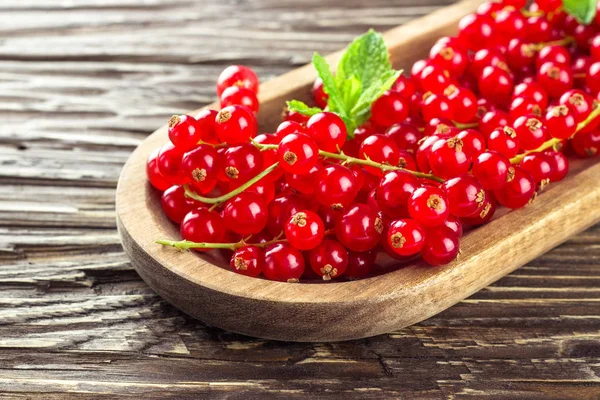 Ahşap ahşap arka plan tabağa olgun redcurrants. 