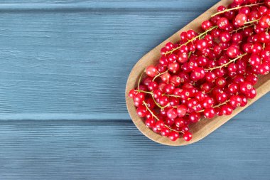 Ahşap rustik ahşap arka plan, kopya alanı tabağa olgun redcurrants.