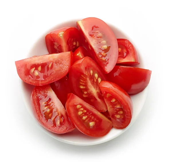 Cuenco de tomates aislados en blanco, desde arriba — Foto de Stock