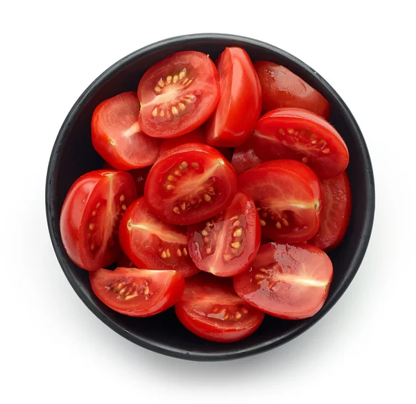 Cuenco de tomates aislados en blanco, desde arriba — Foto de Stock