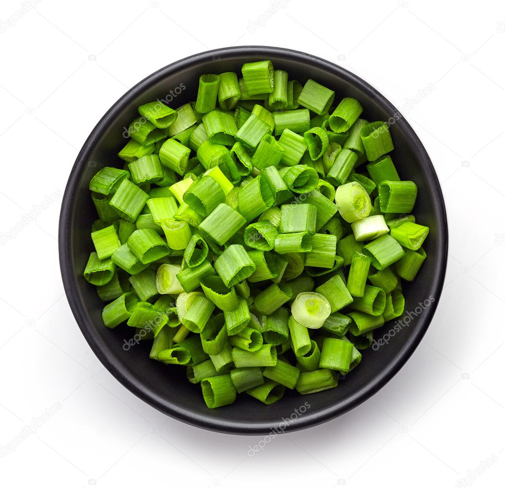 Bowl of spring onions from above