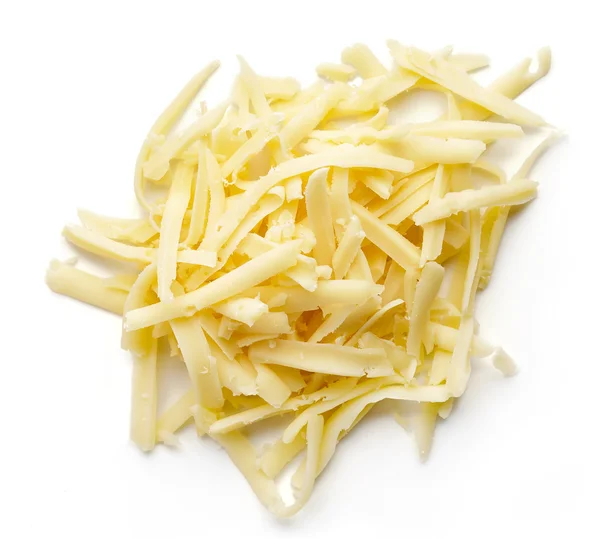 Grated cheese isolated on white, from above — ストック写真