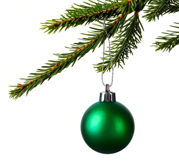 Christmas ball hanging in branch isolated on white — Stock Photo, Image