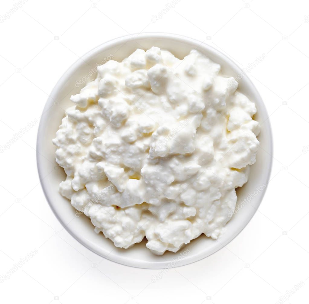 Bowl of cottage cheese from above