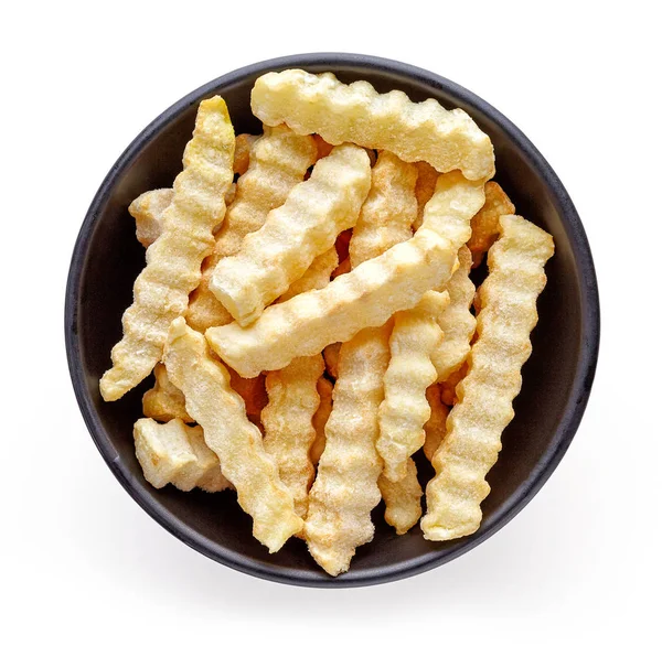Bowl of frozen french fries isolated on white, from above — Stock Photo, Image