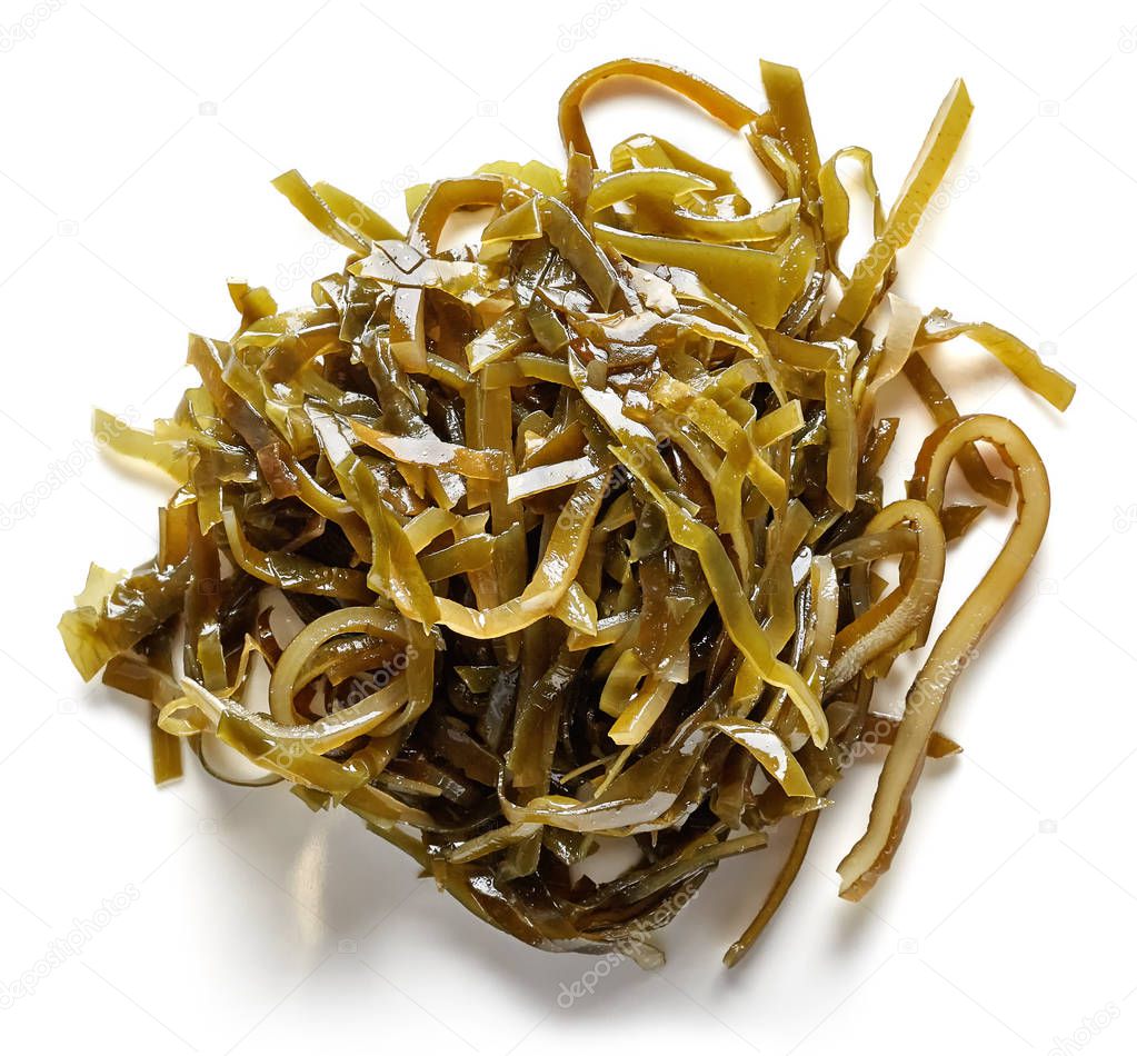 Heap of laminaria seaweed isolated on white, from above