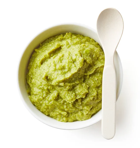 Zelený hrášek a brokolici baby pyré izolované na bílém — Stock fotografie