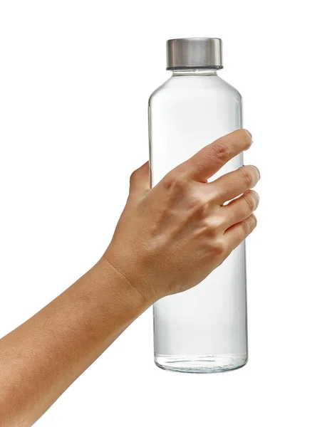 Рука Держит Многоразовые Стеклянные Бутылки Питьевой Водой Изолированы Белом Фоне — стоковое фото