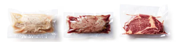 Entenbrust Hühnerbrust Und Rindersteak Vakuumversiegelt Bereit Für Sous Vide Kochen — Stockfoto