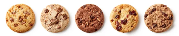 Pět Různých Cookies Izolovaných Bílém Bakcground Horní Pohled — Stock fotografie