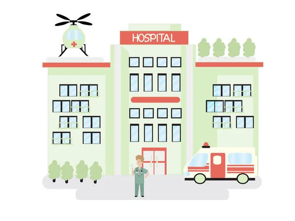 Edificio hospital municipal con ambulancia y helicóptero de diseño plano. vector . — Vector de stock