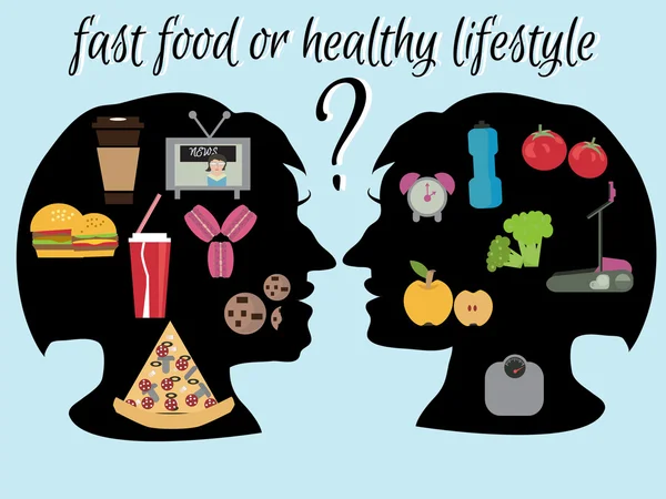Lebensstil - gesund und schädlich. Fast Food oder gesundes Essen? Vegetarisches Konzept. — Stockvektor