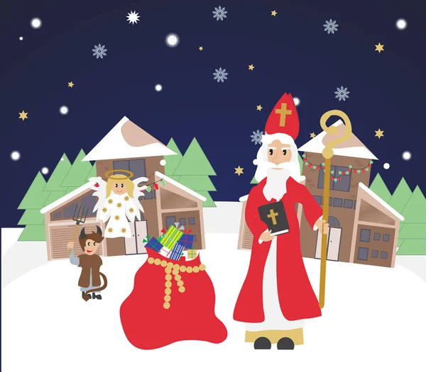 Şeytan ve melek, Noel davet, kartı ile sevimli Aziz Nikolaos. 