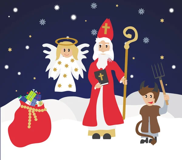 Söt St Nicholas med djävulen och ängeln, jul inbjudan, kort. — Stock vektor