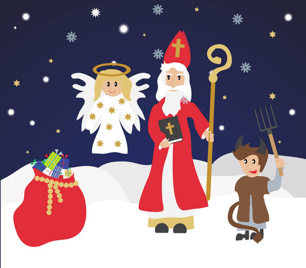 Cute St. Nicholas with devil and angel,Christmas invitation, card. 