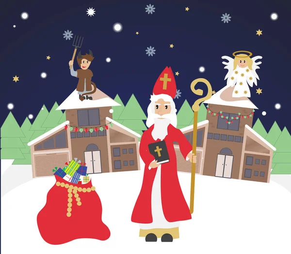 与魔鬼和天使，圣诞节邀请卡可爱圣尼古拉斯. — 图库矢量图片