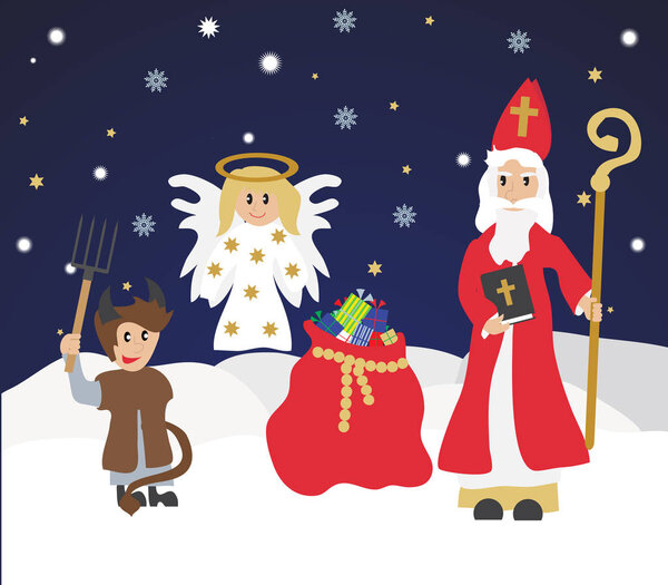 Cute St. Nicholas with devil and angel, Christmas invitation, card
. 