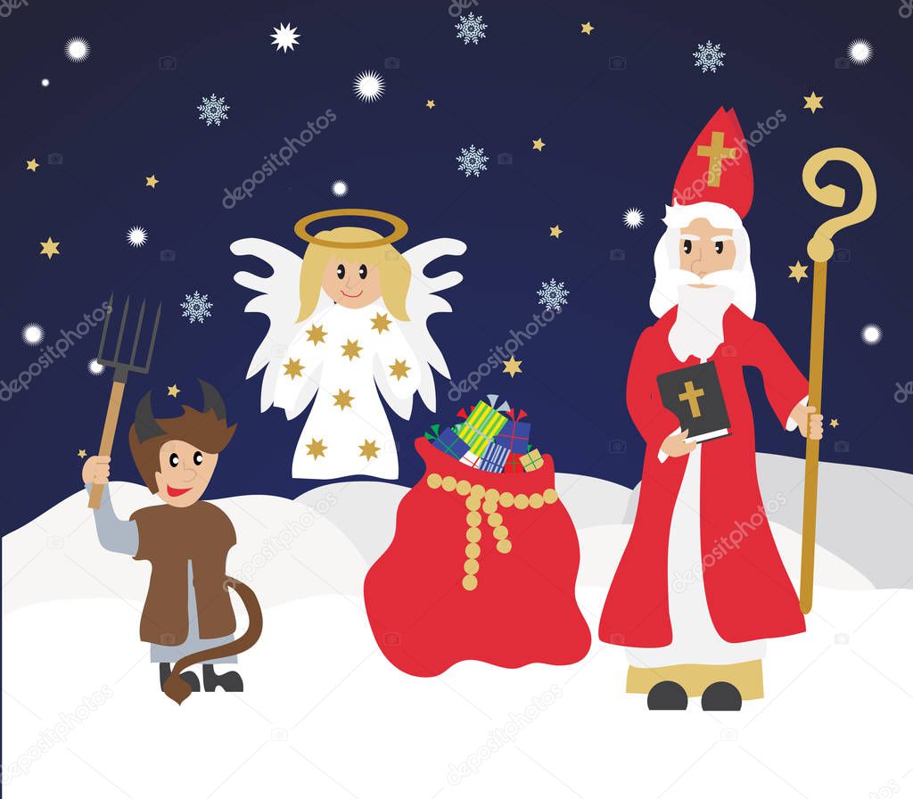 Lindo San Nicolás con el diablo y el ángel, invitación de Navidad