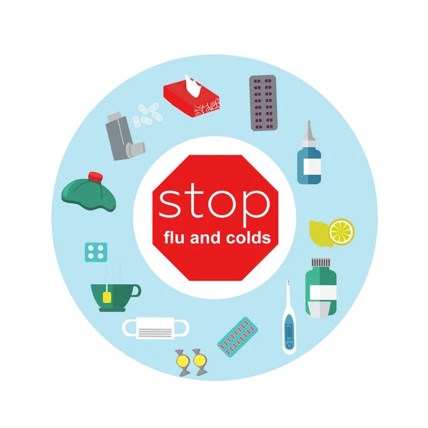 Stop grypy & zimno. Idealny dla zdrowia i infografiki o tematyce sezon grypy medyczne, publikacji w Internecie, broszury i innymi materiałami eksploatacyjnymi — Wektor stockowy