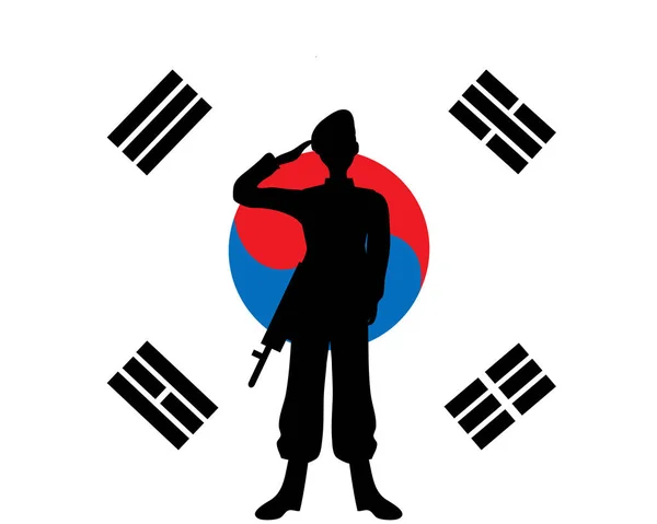 Silueta de soldado en el fondo de la bandera de Corea del Sur — Vector de stock