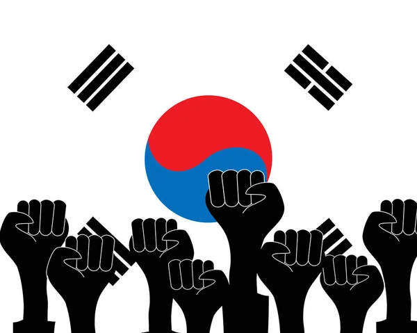 剪影手被压缩在一个拳头的韩国国旗背景. — 图库矢量图片