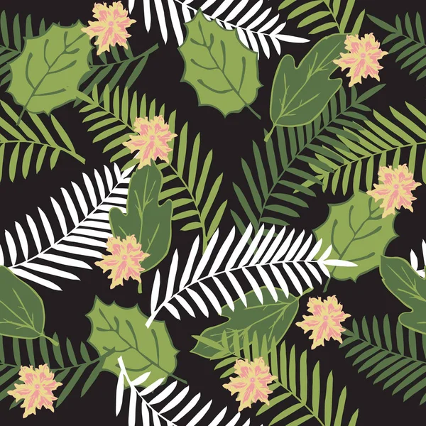 Patrón tropical sin costuras con hojas de palma y flores . — Vector de stock