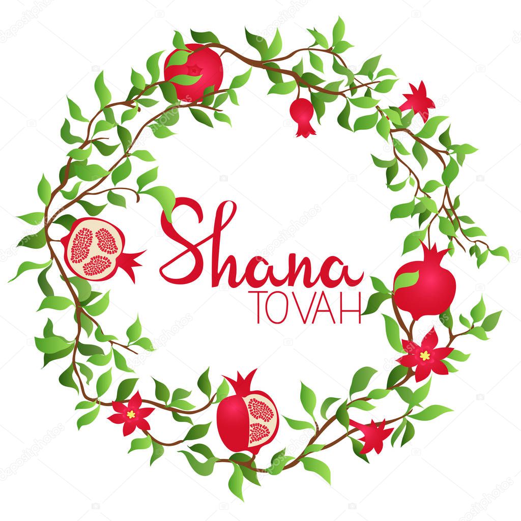 Rosh hashana Jewish holiday greeting card with Pomegranate frame. 