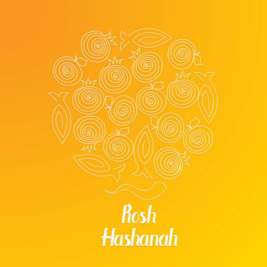 Rosh hashana tebrik kartı soyut elma, nar ve balık çizim ile. 